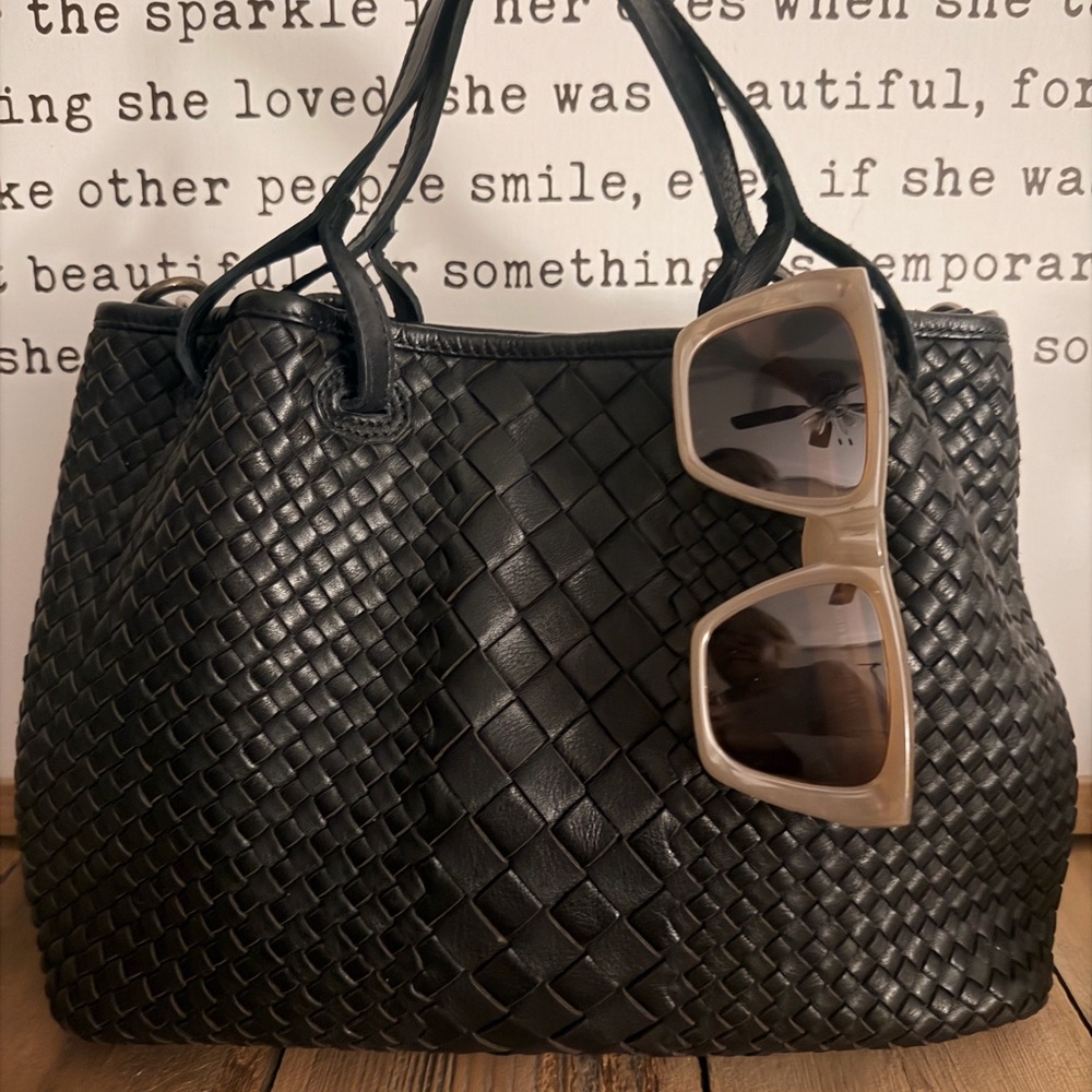 Black Leather Woven Tote Bag